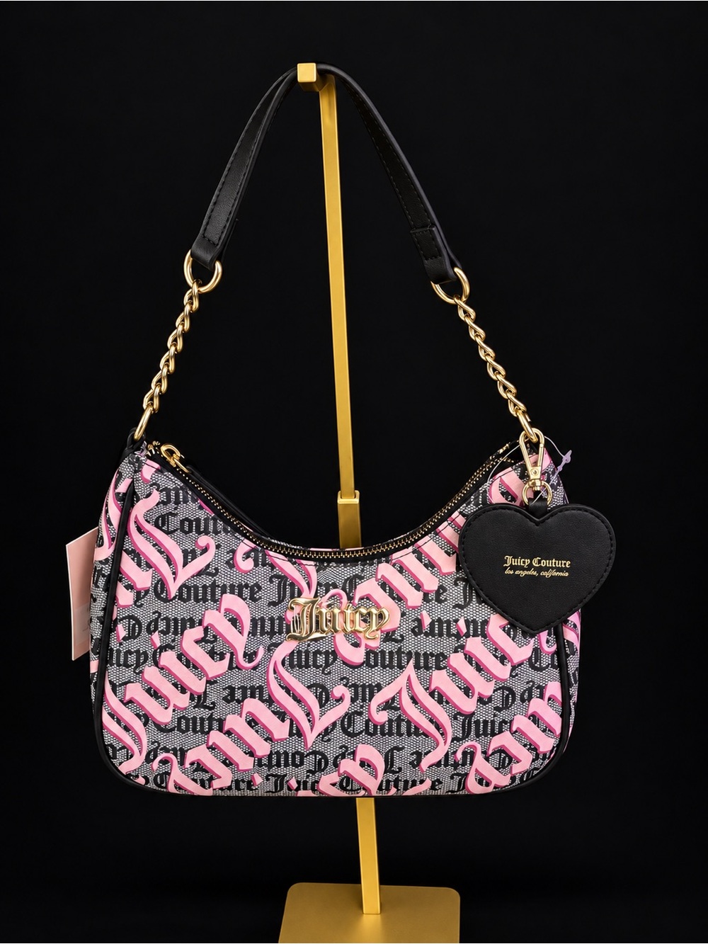 Juicy Couture Y2K Pink Black Gothic Logo Chain Strap Shoulder Bag NWT